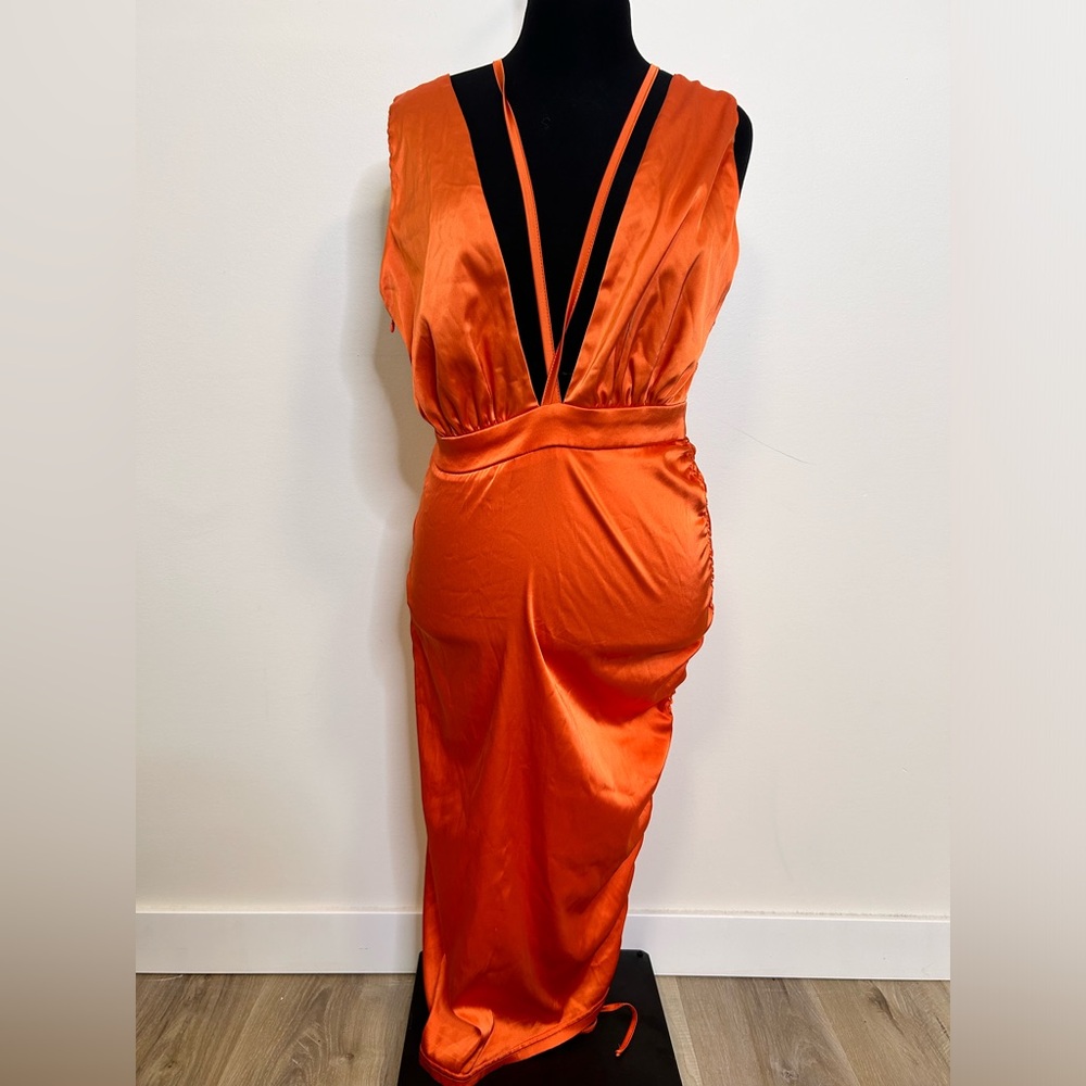 ◾️3/$25 SHEIN Satin Rushed Midi Dress Plunge Neckline Criss Cross Back